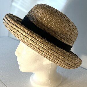 Bowler Style Straw Hat Black Ribbon 22.5" classic French vintage cottage core